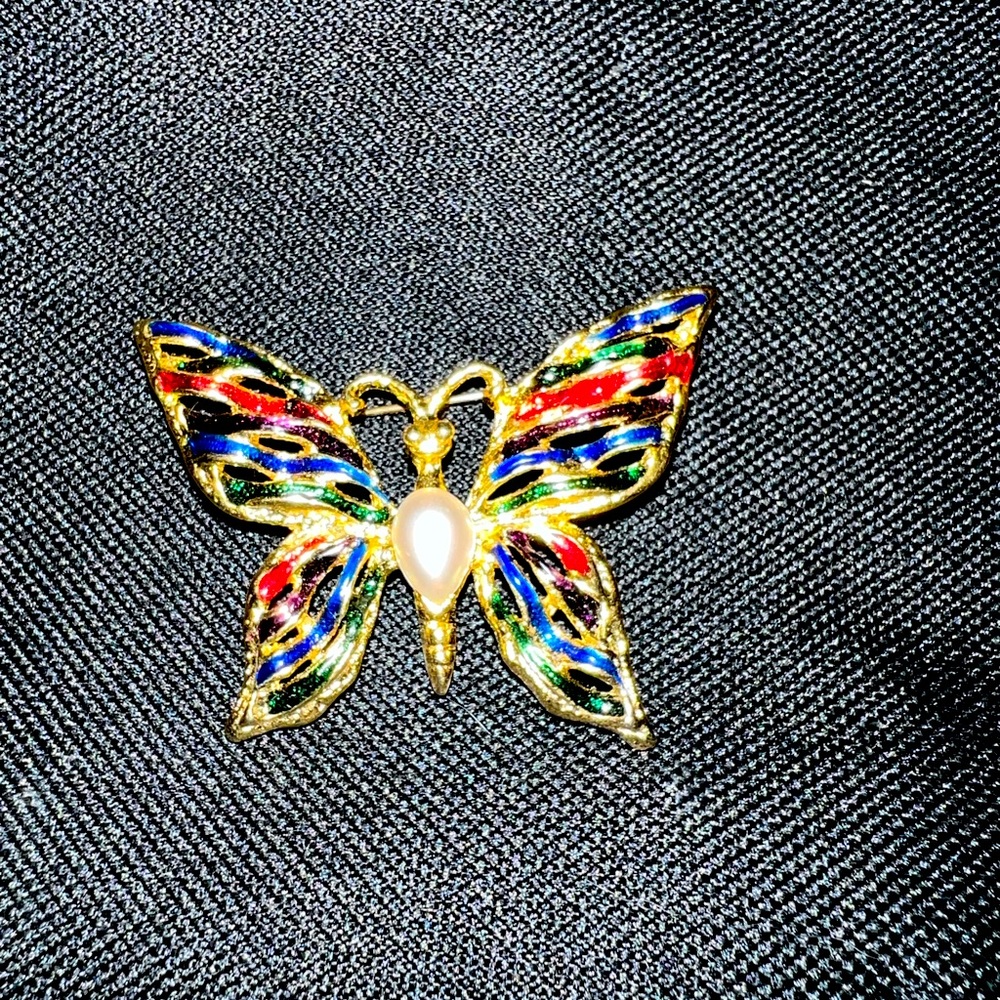 Vintage Enamel Faux Pearl Butterfly Brooch Pin - 2 Inch
